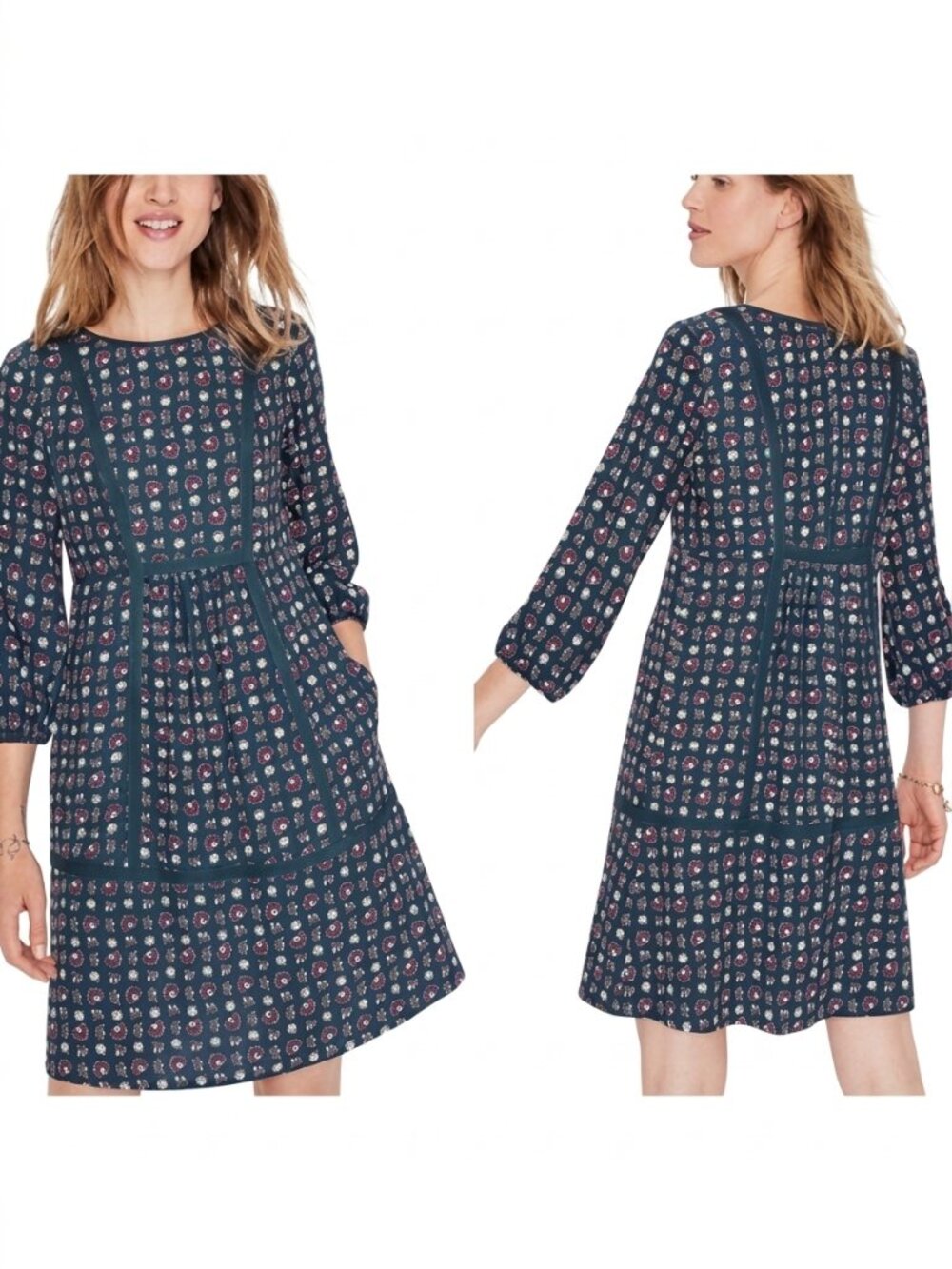 Boden Luna Teal Floral Prairie Dress US 14 UK 18 Viscose 3/4 Sleeve Cottagecore